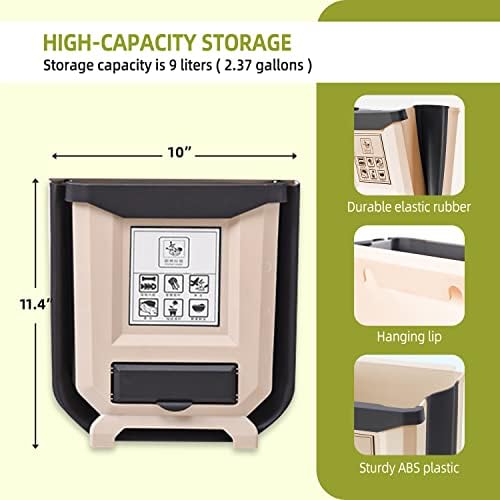 Lenfuos Kitchen Bin Wall Mounted Foldable Hanging Trash Can, 8L Waste Bin Small for Kitchen Cupboard Door/ Car/ Bedroom/ Bathroom (Khaki)