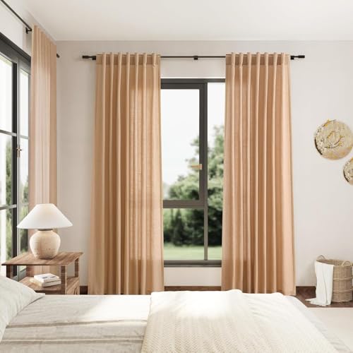 Image of Nanspring Camel Linen Curtains for Living Room 98 Inches Long Back Tab and Rod Pocket Light Filtering Semi Sheer Vintage Rustic Curtain Luxury Boho Decor Drapes for Bedroom Office 52x98, 2 Panels