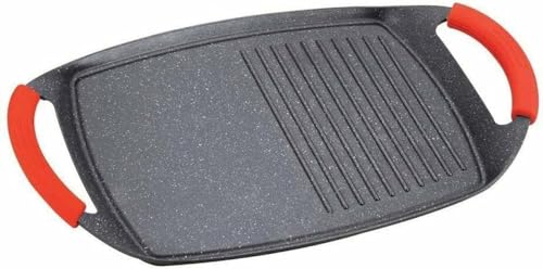 Royalty Line Plaque à Griller Induction,47 cm, Plancha Induction avec Côtes, 100% sans PFOA, Poêle Grill Tous Feux, Poêle Grill avec Poignées Amovibles,fonte d’aluminium, Noir