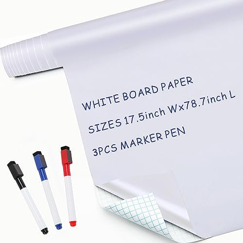 SweeHome White Board Paper - 17.3” x 78.7” (6.5 Feet) - Self-Adhesive Dry Erase Board Sheet Sticker Removable Wall Decals for Kids, Office, School & Home with 3PCS Marker Pen