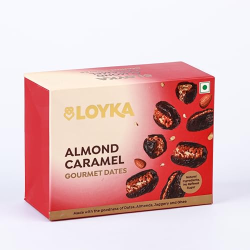 Image of Loyka Caramel Almonds Dates Box - 100 gm box | Crunchy | Gift Hamper| No Refined Sugar Added | Made with Jaggery | Diet friendly | Healthy guilt-free morning /evening snack |Gluten-free
