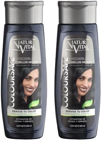 NaturVital - Mascarilla de Pelo ColourSafe, Sin Parabenos ni Siliconas, Coloración para Cabellos Negros, con Keratina Vegetal, Aporta Brillo y Protege el Color, 300 ml (Paquete de 2)