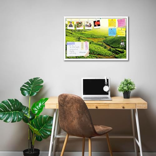 Image of ArtzFolio Tea Plantations, Munnar, Kerala | Bulletin Board Notice Pin Board | Vision Soft Board Combo with Thumb Push Pins & Sticky Notes | White Frame | 24 x 16 inch (61 x 41 cms)
