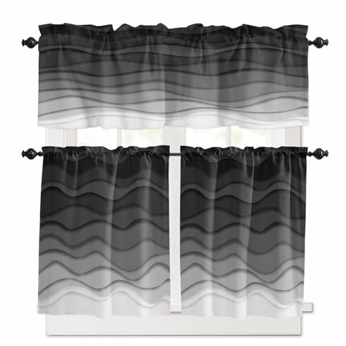 Black Ombre Stripes Kitchen Curtains 24 Inch Length,3 Piece Rod Pocket Small Half Tiers and Valance Set,Modern Abstract Sea Waves Spray Art Small Large Window Treatment Decor for Bedroom/Bathroom