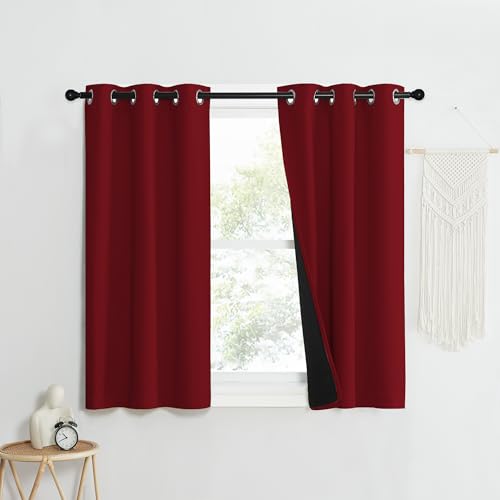 Image of NICETOWN 100% Blackout Curtains with Black Liner Backing, Thermal Insulated Curtains for Living Room, Noise Reducing Drapes for Christmas, Burgundy Red, 37 inch x 40 inch Per Panel, Set of 2