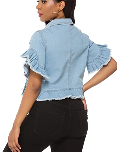 Image of Suvimuga Women's Denim Jacket Button Down Distressed Ruffle Sleeve Crop Jean Jackets Coat