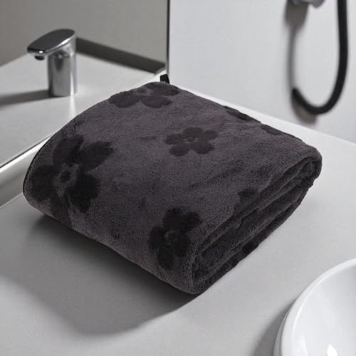 Image of HANKER Ultra Luxury Large /Full Size Plush Bath Towel | Dark Black Colour Blossom Super, Very Soft On Skin, Luxurious Fabric, Pure Polyamide, 70x140cm, 500GSM