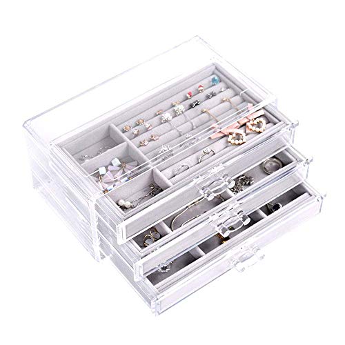 OIF Acrylic Jewelry Box for Women with 3 Drawers, Velvet Organizer for Rings Bangle Bracelet Necklace and Earring Storge Clear Acrylic Jewelry case
