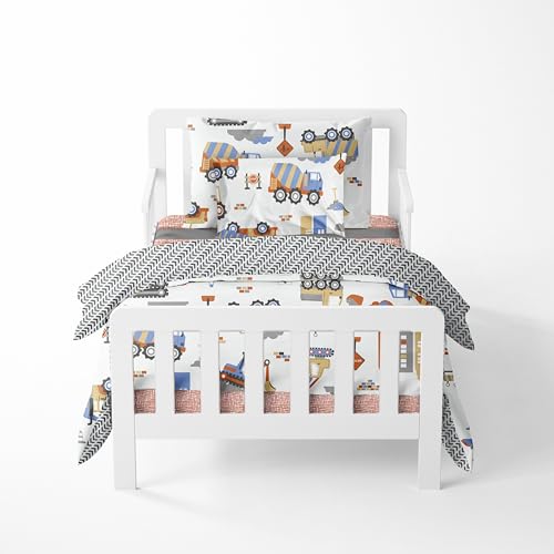 Bacati Construction Multicolor Boys Cotton 4 Piece Toddler Bedding Set 100 Percent Cotton Includes Reversible Comforter, Fitted Sheet, Top Sheet, and Pillow Case for Boys