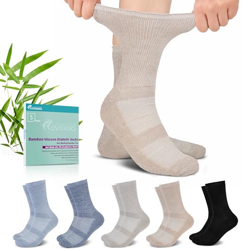 Image of Revosoxs Diabetic Crew Socks for Men Women,Bamboo Viscose Non-Binding Loose Top Wide Socks with Seamless Toe 9-12 10-13
