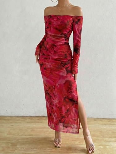 Image of LIGHT DOT Women's Printed Off Shoulder Maxi Dress Long Sleeve Bodycon Ruched Mesh Cocktail Dress