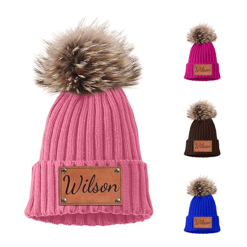 Custom Name Baby Beanies Grey Hats for Boys Girls - Personalized Leather Patch Beanies with Pompom for Kids Adults