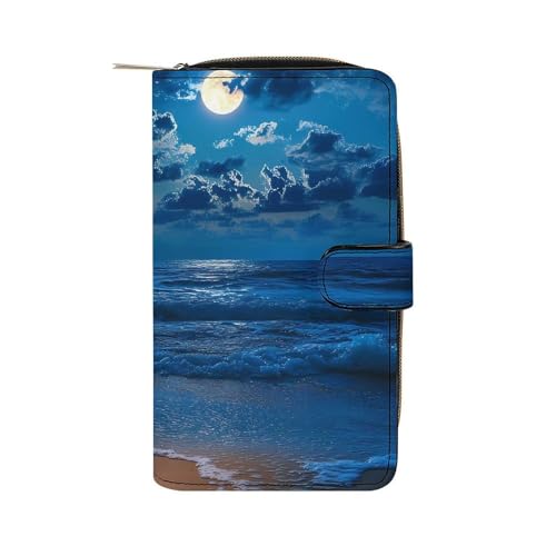 Lamp Moon And Beach Print Long Wallet PU Leather Credit Card Holder Durable Zippered Purse Clutch Wallet