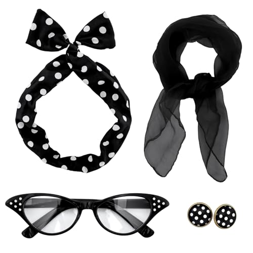 Sdfvsdg 50s Set 50s Costume Accessories Chiffon Scarf Cat Eye Glasses Bandana Tie Headband Earrings for Cosplay Party