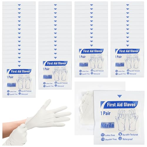Chicingyou 50 Pairs Disposable Emergency Glove Individually Packaged Travel Gloves Travel Trauma Essential Nitrile Glove (White)
