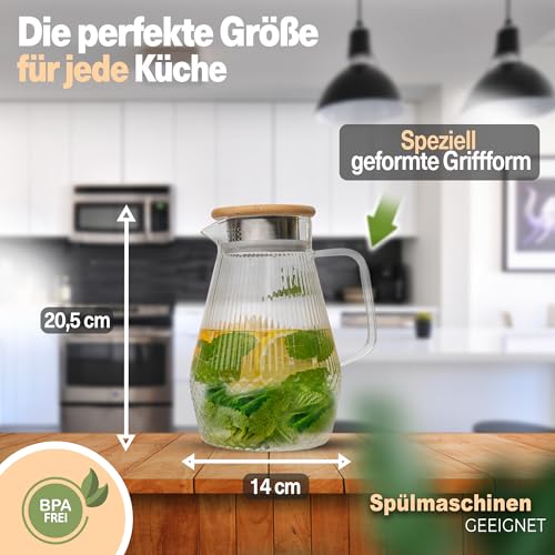 Foto von CLIDOR Wasserkaraffe - 1,5 Liter, verstärkte Glasstärke, Karaffe für Heiß- & Kaltgetränke geeignet, Tropffreier Ausguss, moderne Glaskaraffe, Teekanne Glas, robuste Glaskaraffe mit Deckel (1500ml)