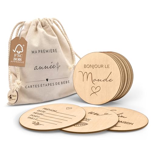 Mikito Cartes étapes bébé en bois en FRANÇAIS - 30 moments de la naissance à 1 an sur 15 disques en bois gravés recto-verso, Cadeau futurs parents/future...