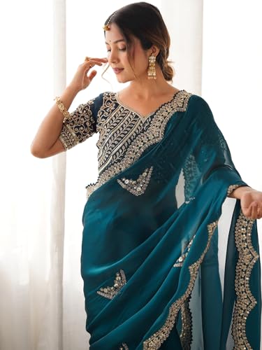 Image of Satrani Women's Tissue Silk Sequin Embroidery Scalloped Border Saree with Unstitched Blouse Piece