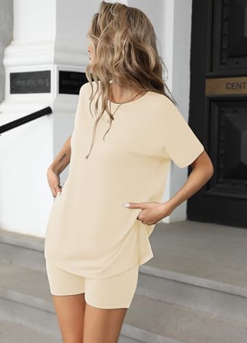 Image of Ekouaer Women's 2 Piece Lounge Set 2026 Summer Biker Shorts Set Outfits Short Sleeve Oversized Top Matching Tracksuit