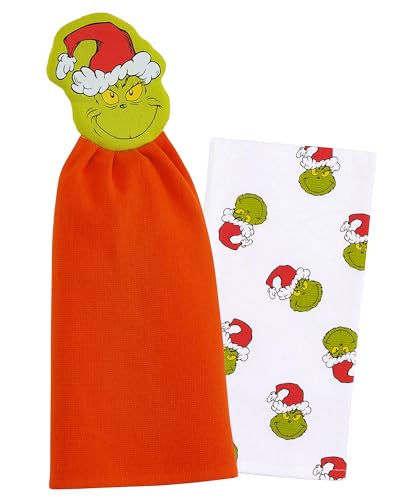 MJC Dr. Seuss The Grinch Towel Set 2-Piece Hanging Novelty Holiday Hand and Dish Kitchen Towels