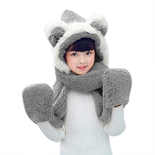 Ensemble Chapeau Echarpe Gants en Peluche Enfants d'Hiver Bonnet Echarpe Double Couche Chaud Pour Garçons Filles Chapeau d'Hiver Coupe-Vent Adapté pour Voyages, Ski, Taille unique Noir Cover