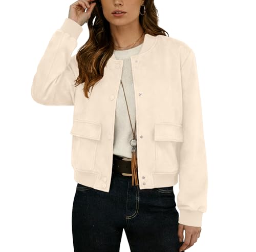 GRECERELLE Womens Bomber Jacket Cropped Button Down Varsity Jacket Long Sleeve Casual Outwear With Pockets (Beige, Medium)
