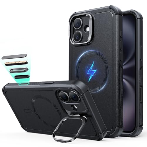 Image of ESR for iPhone 16 Phone Case with Stand, 23ft Military-Grade Drop Protection with Camera Control, Shock-Absorbing Rugged Cover, Compatible with MagSafe Accessories, Cyber Series, Black