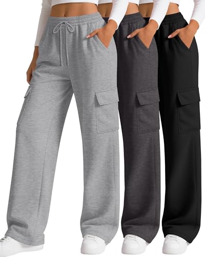 Neer 3 Pack Women's Cargo Sweatpants Wide Leg Baggy Elastic Drawstring Pants Casual Cotton Athletic Joggers with 4 Pockets