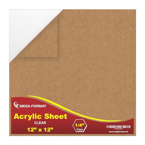 Image of Mega Format Clear Acrylic Sheet - Durable Thick Plexiglass Sheeting for Artwork, Covers, Window Panes, & Laser Etching Designs - 12 inch x 12 inch 1 /4 (6mm) - 1pk