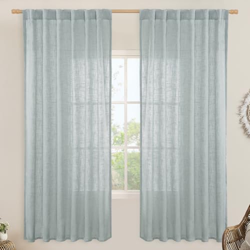LAMIT Linen Blended Curtains for Bedroom, Faux Linen Textured Light Filtering Drapes Back Tab and Rod Pocket Boho Burlap Panels for Farmhouse/Living Room, 2 Panels, 52 x 72 Inch, Greyish Blue