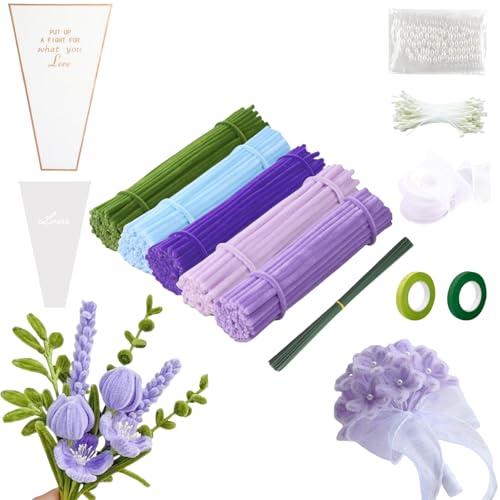 FINEVERNEK 250 peças Tulip Bouquet Pipe Cleaner Set, limpador de cachimbos flores artesanato caules de chenille limpa, cachimbos com fita verde para flores, para presentes artesanais e decoração
