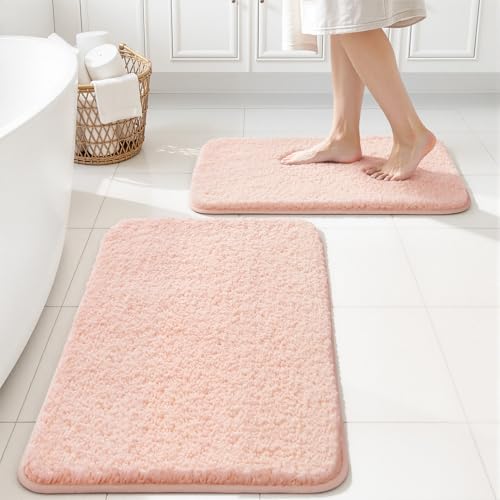 MIULEE Blush Bathroom Rugs Set 2 Piece Small Soft Absorbent Microfiber Bath Mat Set Non Slip Quick Dry Machine Washable Plush Shaggy Bath Rugs for Bathroom Floor Tub and Shower 16x24 inches