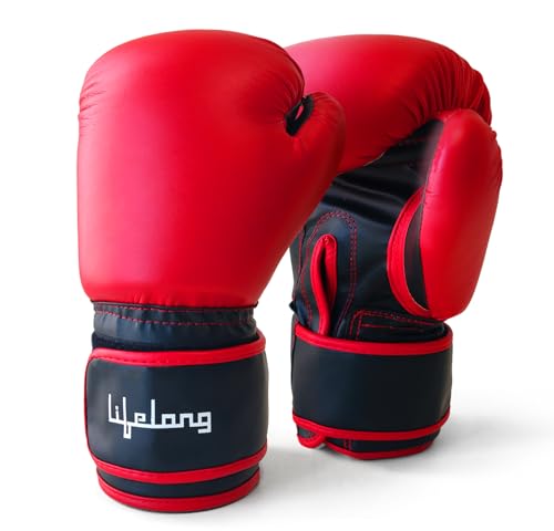 Image of Lifelong Boxing Gloves for Men and Women | Punching Bag Gloves with Moulded Foam Padding | for Training, Boxing, Kickboxing, Muay Thai, MMA | Durable PU Leather 1 Pair Gloves (Size 16 OZ, Color Red)