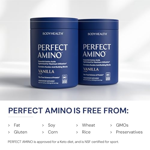 Image of BodyHealth PerfectAmino Powder - BCAA and EAA Powder for Pre and Post Workout - Amino Acid Energy Drink to Support Lean Muscle and Recovery - NSF Certified for Sport - Vanilla - 66 Servings