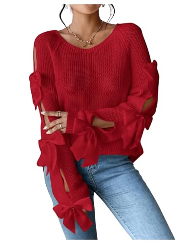WDIRARA Women's Bow Cut Out Long Sleeve Sweater Oversized Knit Pullovers Crew Neck Top
