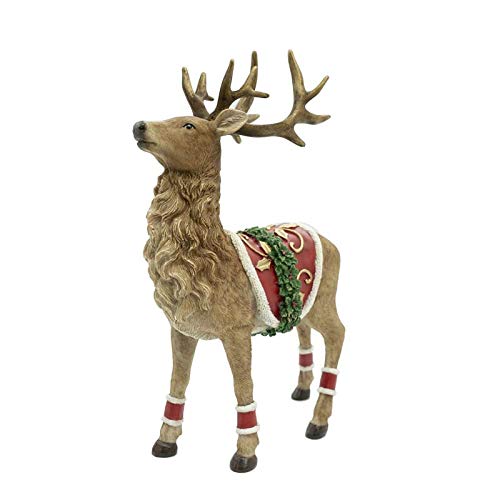 Stilè Renna Beige E Rossa In Resina Girata A Destra, Statuetta Natalizia, Addobbi Di Natale, H.28 Cm