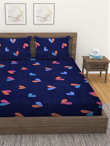 Image of Fashion String Microfibre Little Heart Blue Corner Elastic Fitted Double Bedsheet (72x78 Inches) with 2 Pillow Covers