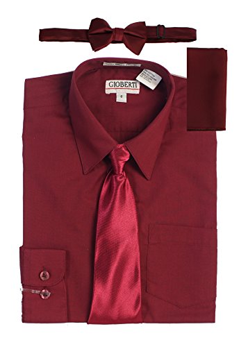 Image of Gioberti Boy's Long Sleeve Dress Shirt + Solid Tie, Bow Tie, and Hanky