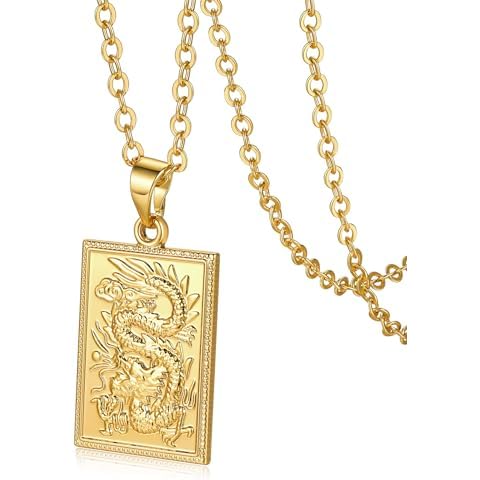 Chinese Dragon Gold Necklace For Men Women, Square Dragon Medallion Large Pendant With 20”+2” Extender Chain, Gold Layered Necklaces,Hiphop Jewelry, Mascot Lucky Symbol Necklace Cover