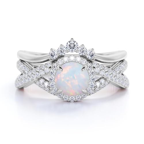 S925 Sterling Silver 1.5 Carat (ctw) White Opal Wedding Ring Sets for Women Halo Opal Bridal Set Round Cut Engagement Ring Sets for Her