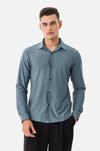 Image of SNITCH Men Casual Plus Size Shirt | Regular Fit Full Sleeve Mandarin Collar Striped Design | Premium Cotton Linen Blend & Breathable Fabric for Office & Everyday Wear