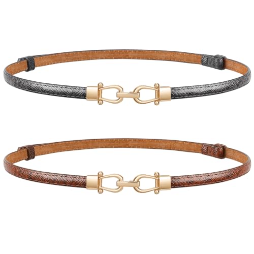 Image of JASGOOD Leather Skinny Belts for Women Plus Size Ladies Thin Waist Belts Adjustable for Jeans Pants Dresses with Gold Buckle