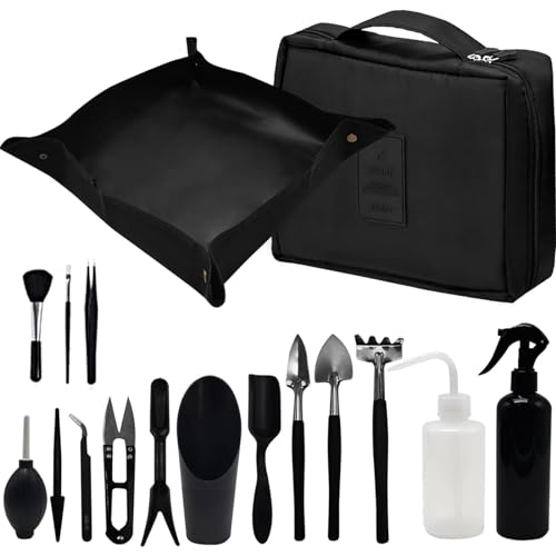 FRYSKY Juego de Herramientas de Jardín, 17 Piezas Las Suculentas Herramienta con Plegable Estera de Jardinería Kit Herramientas Bonsai con Bolsa de Mano para Interior Exterior Jardín en Miniatura