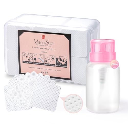 Image of MelodySusie 1050PCS Lint Free Nail Wipes Kit, White Gel Nail Polish Remover Set with 1PCS Acetone Pump Dispenser Bottle 220ml for Professional Soak Off Gel Polish Remover