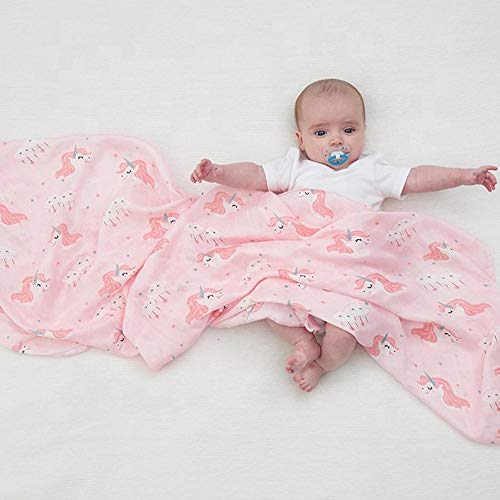 Image of Kassy Pop Printed 6 Layer Bamboo Muslin Blanket Cum Swaddling Towel for Baby, Toddlers | 70% Bamboo, 30% Cotton | AC Quilt, Multi-Purpose Blanket | Toxin Free | 110cm x 110cm (Pink Unicorn Print)