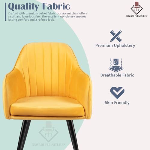 Image of Plush Dining Chair | Accent Chair for Living Room Bedroom Restuarant | Velvet Fabric & Thick Cushion Seat with Sturdy Glossy Metal Legs (Black Legs, Yellow)