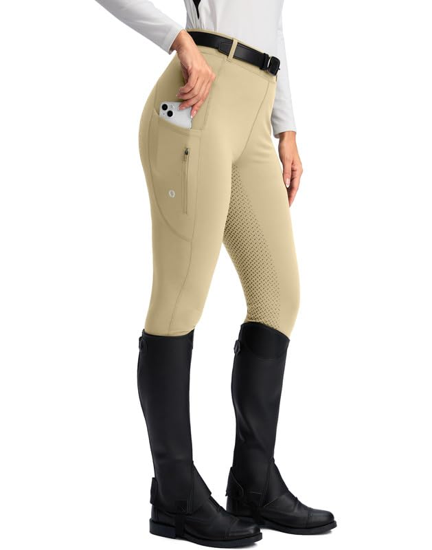SANTINY Women's Horse Riding Pants Zipper Pockets Silicone Full-Seat Breeches Equestrian Schooling Tights for Women M Khaki