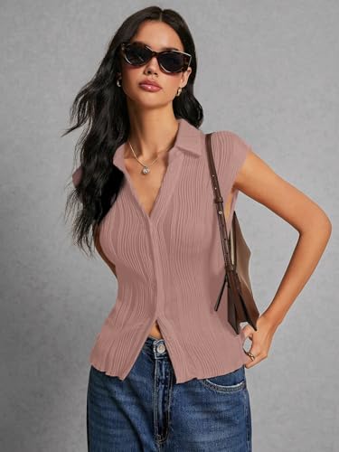 Image of GRECIILOOKS Korean Tees for Women | Tops for Woman | Collared Casual Summer Tops for Women Western | Knitted Top Button-Up Short Sleeve Crop Top |Summer Stylish Texture Korean Knit Tee