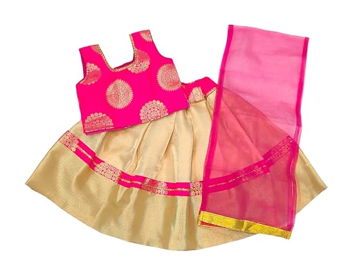 Hot Pink Banarasi Brocade Silk Top and Golden Brocade Silk Skirt Kids Lehenga Choli, Lehenga Set for Girls,