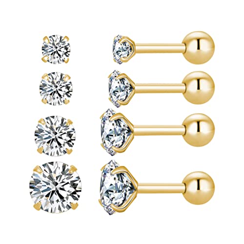 4 Pairs Screw Back Surgical Stainless Steel Stud Earrings, Gold Plated Silver Heart Star Square Princess Cut Round CZ Cubic Zirconia Stud Earrings Set